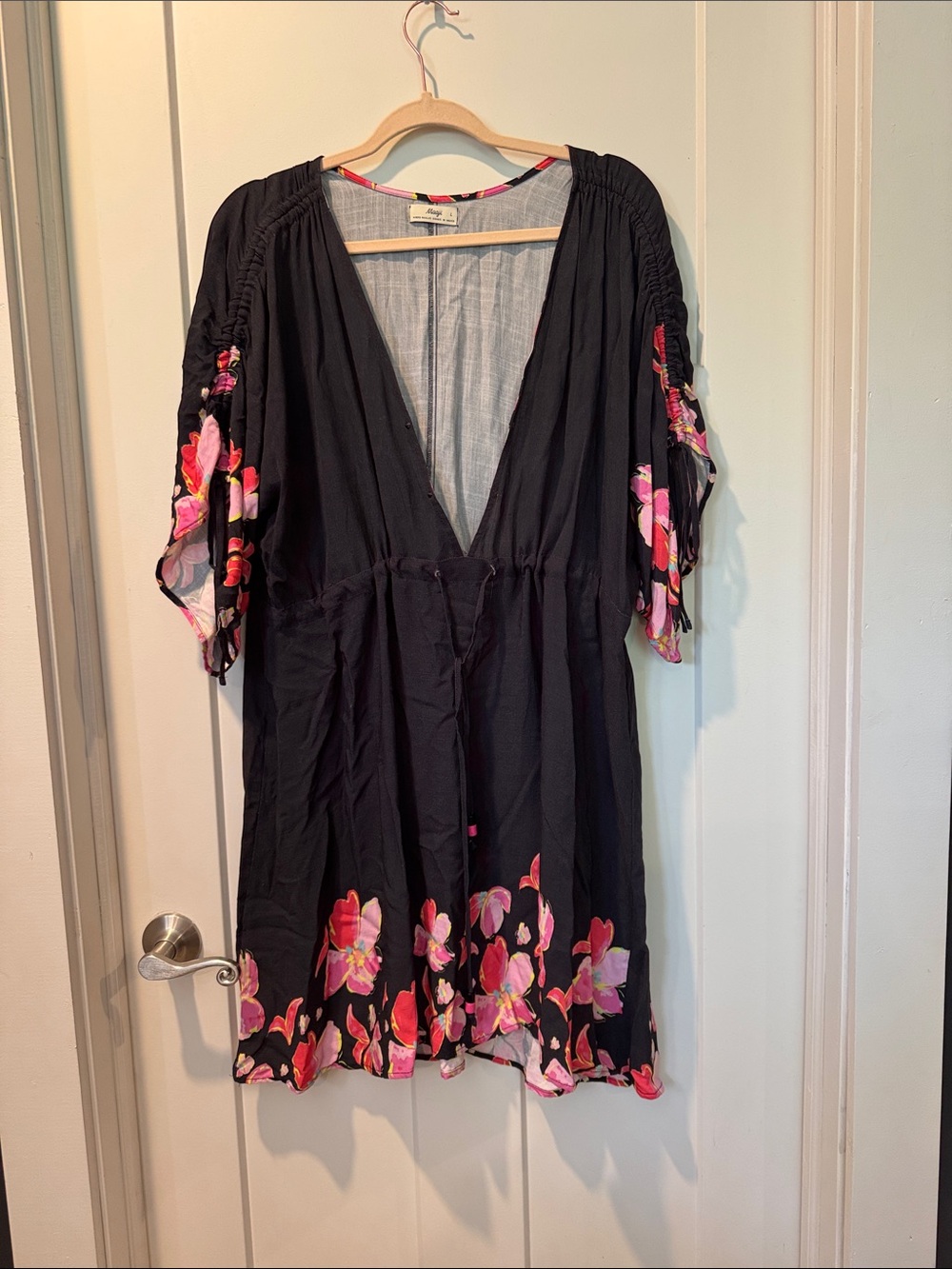 Maaji Black Floral Deep-V Mini Dress with Pink Accents